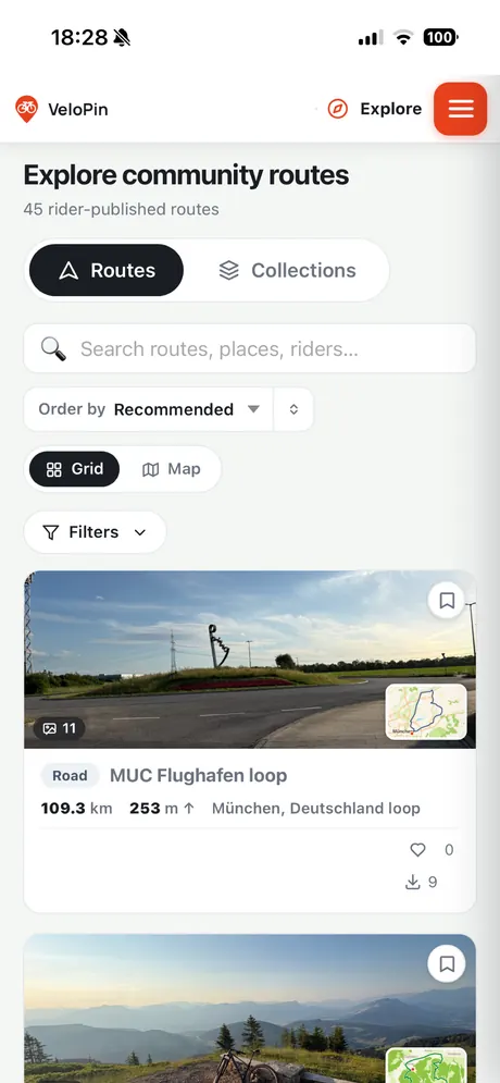 VeloPin iPhone app - Explore community routes