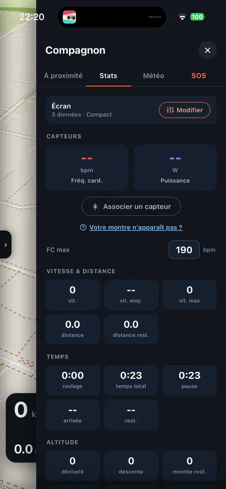 VeloPin iPhone app - Données de sortie en direct