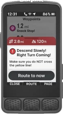 Wahoo ELEMNT showing waypoint notes popup with VeloPin